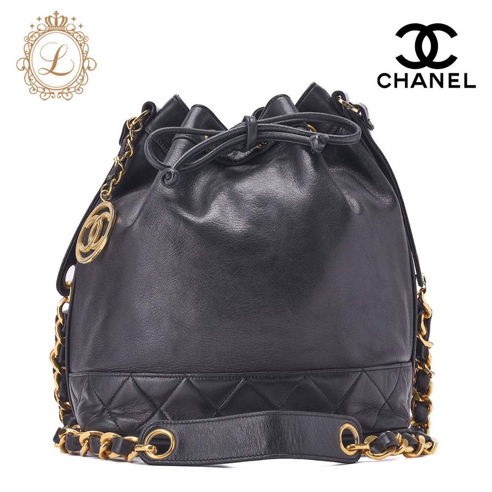 Chanel Coco Mark Circle Drawstring Shoulder Bag Black Lambskin